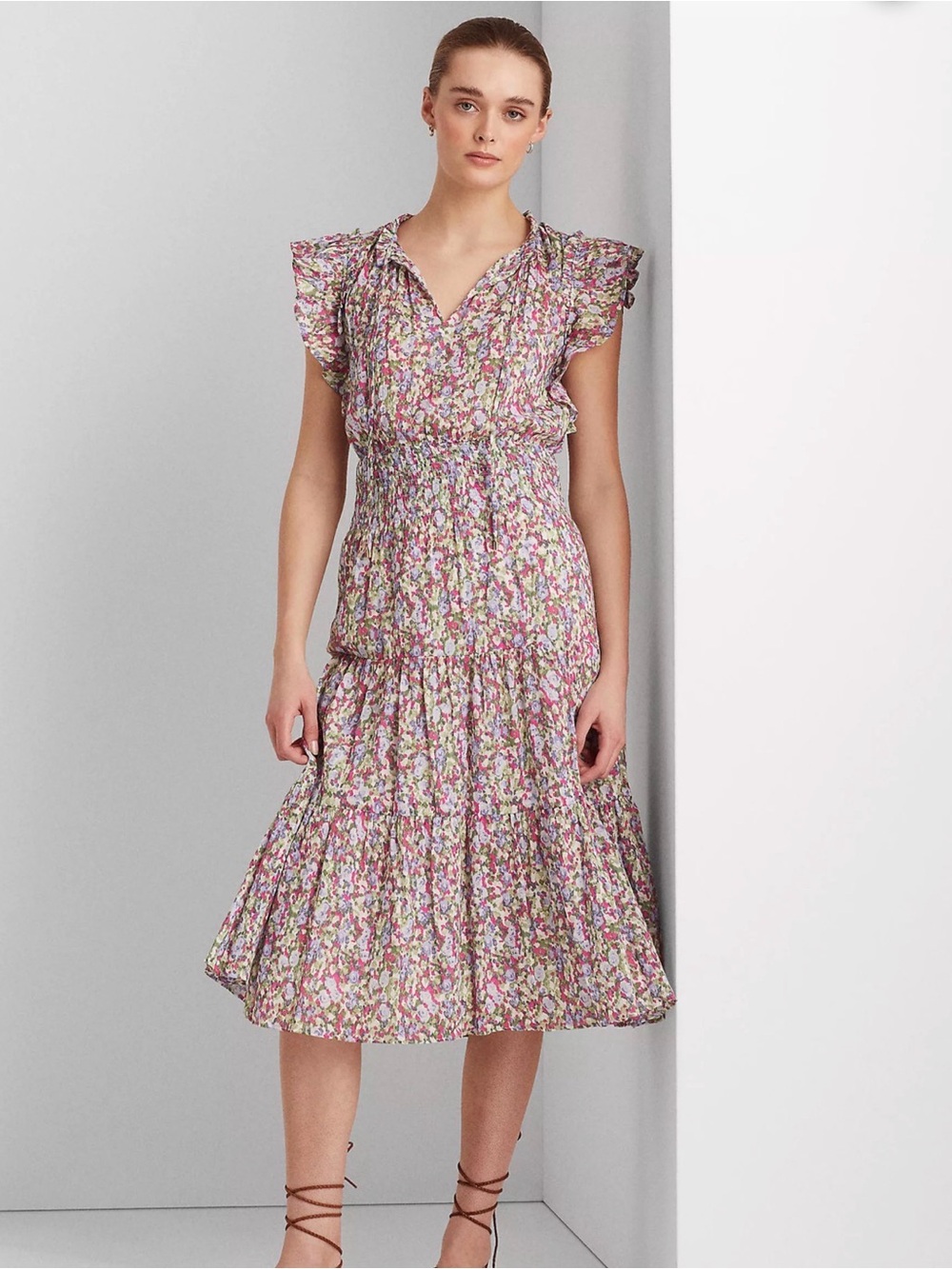 Lauren Ralph Lauren Floral Crinkled Cotton Pink Floral Ruffle Midi Dress